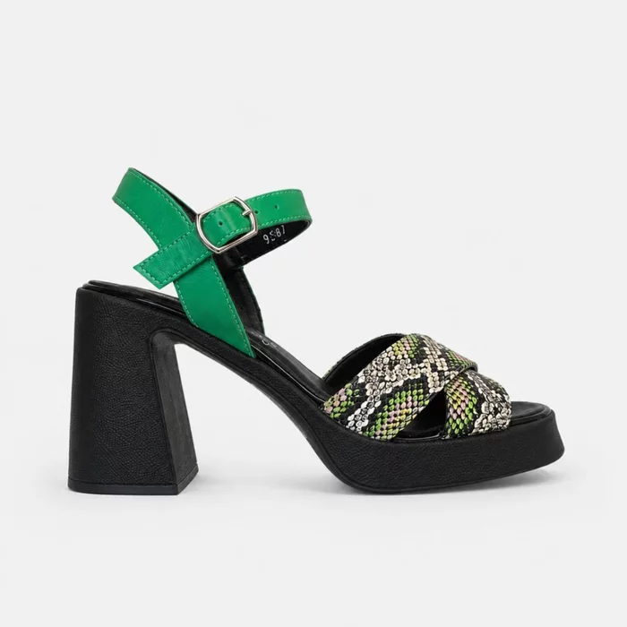 Sandale dama cu platforma si toc gros Piele Naturala Negre cu Verde Vanta picture - 3
