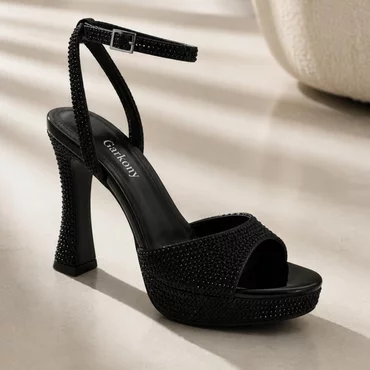 Sandale dama elegante cu platou Negre cu strasuri Desert