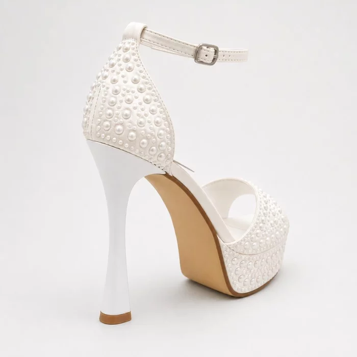 Sandale dama elegante cu platou satin Alb cu perle Perla picture - 5