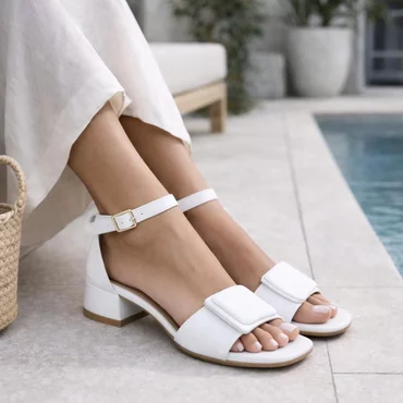 Sandale dama elegante Piele Naturala Albe cu toc mic Luna