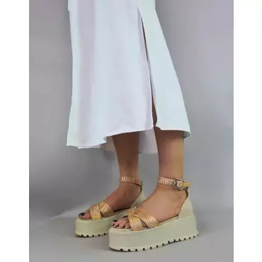 Sandale de dama Piele Naturala bej cu auriu roze Moza