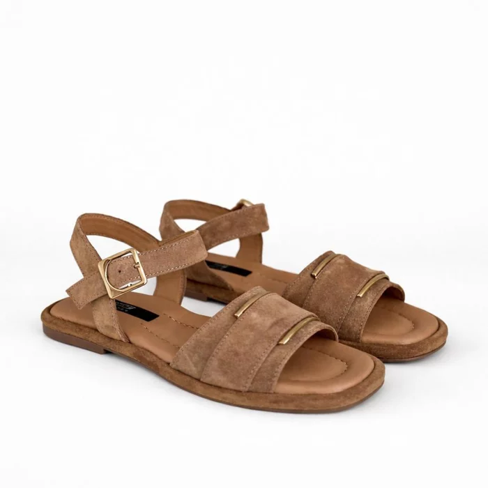 Sandale joase dama Piele Naturala Bej caramel cu accente aurii Soft picture - 2