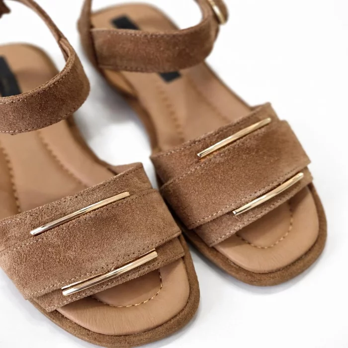 Sandale joase dama Piele Naturala Bej caramel cu accente aurii Soft picture - 3