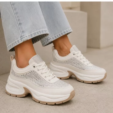 Sneakers dama talpa platforma Bej cu strasuri argintii textil si piele eco Zafira
