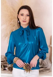 Bluza albastru turcoaz cu guler stil esarfa