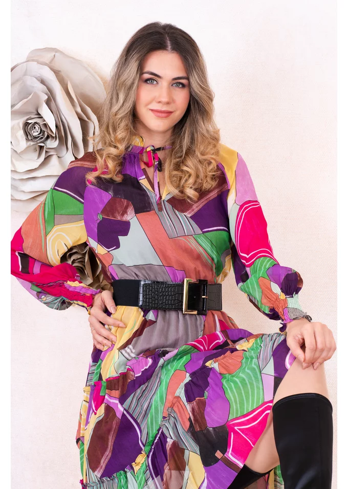 Rochie din voal de vascoza cu print abstract policolor
