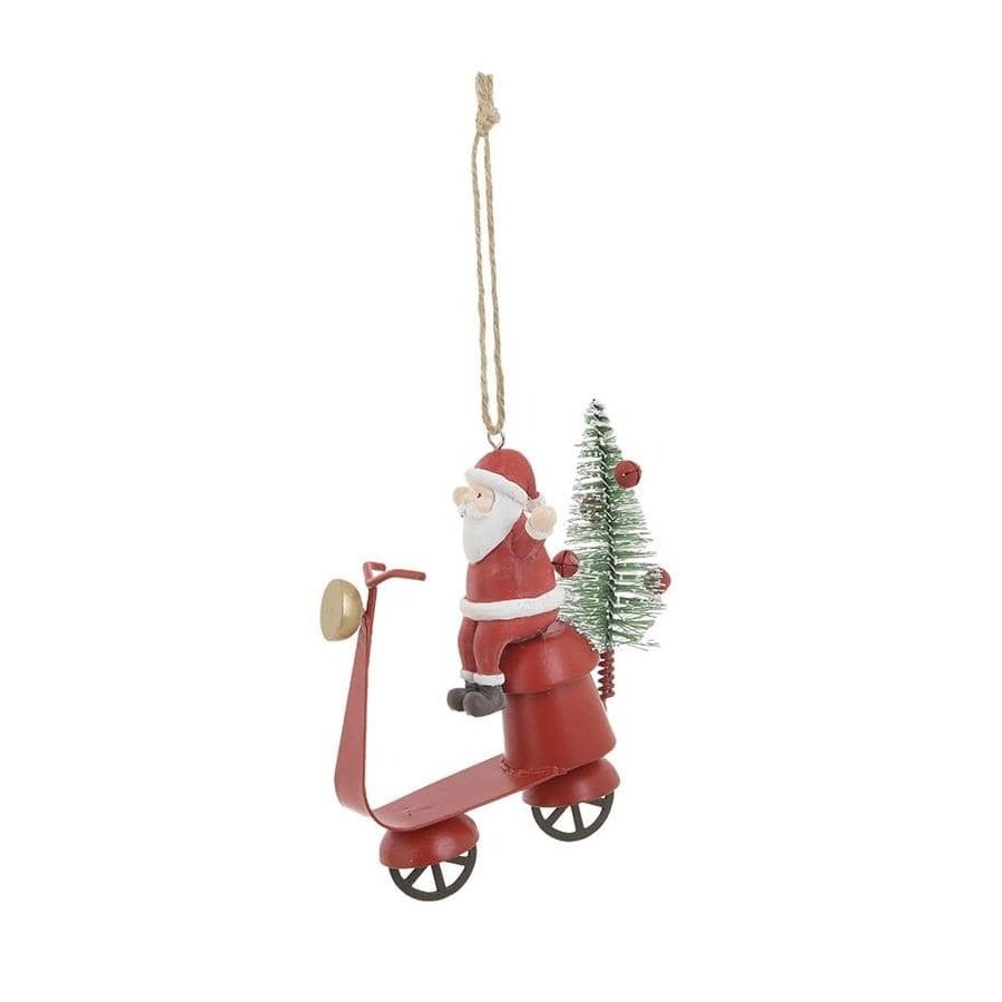 Ornament brad, Metal, Rosu, Santa on Scooter