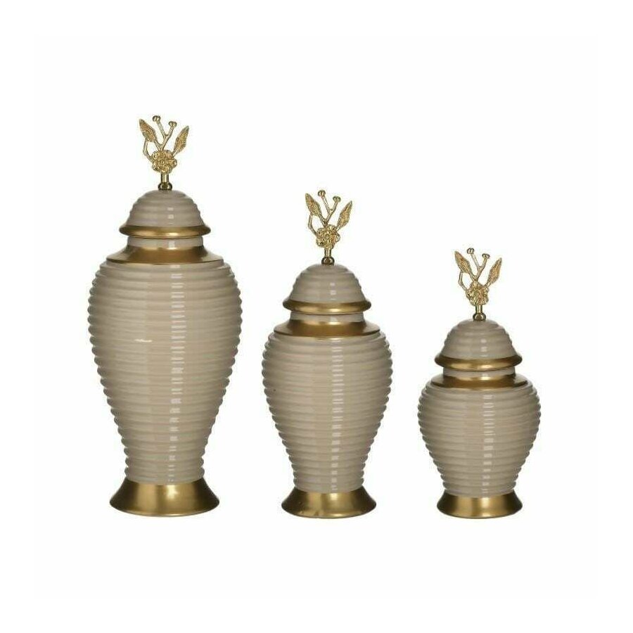 Set 3 vase decorative cu capac, Ceramica, Bej, Vivi iedera.ro