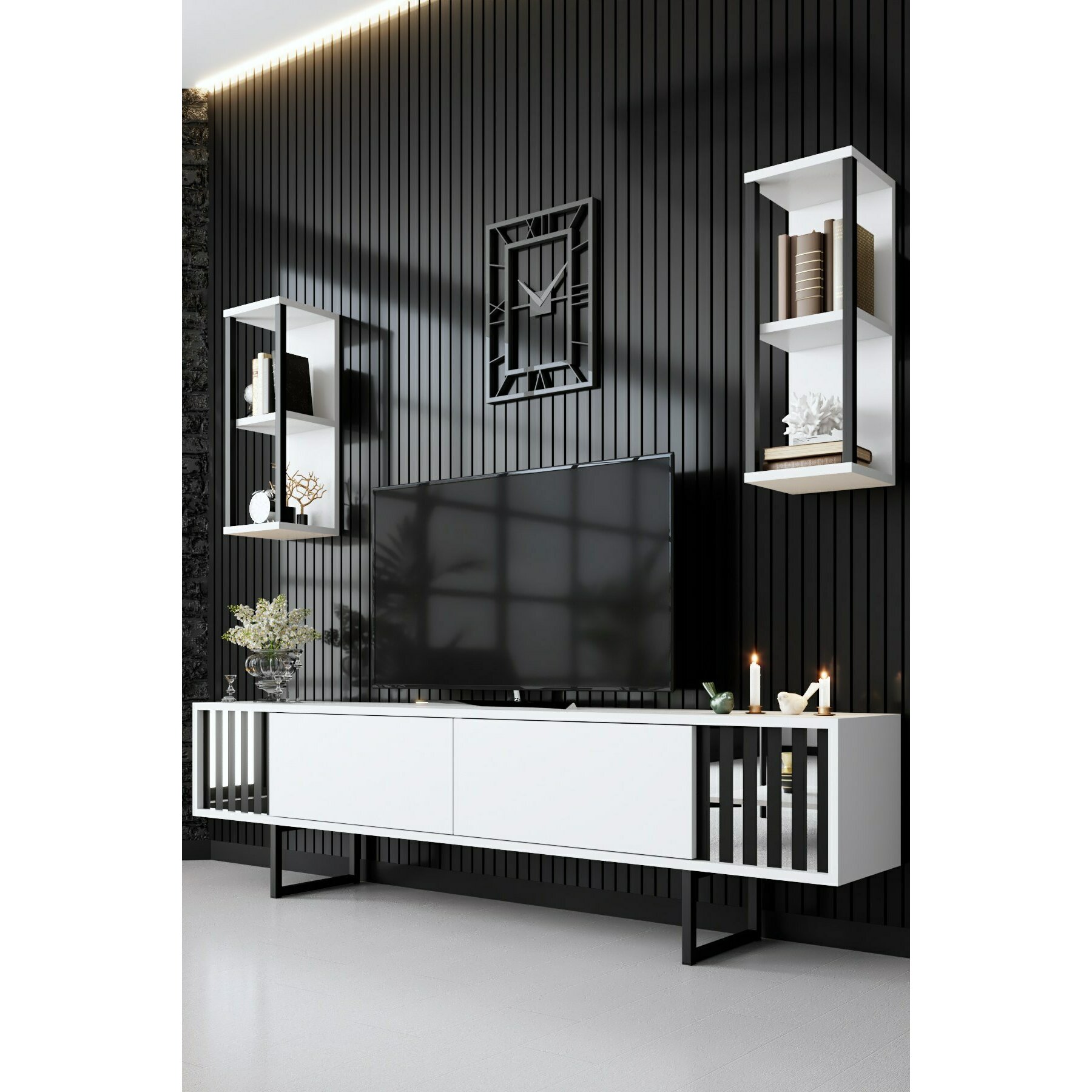 Ansamblu TV Chrome Line, 180x30x48 cm - Alb/Negru