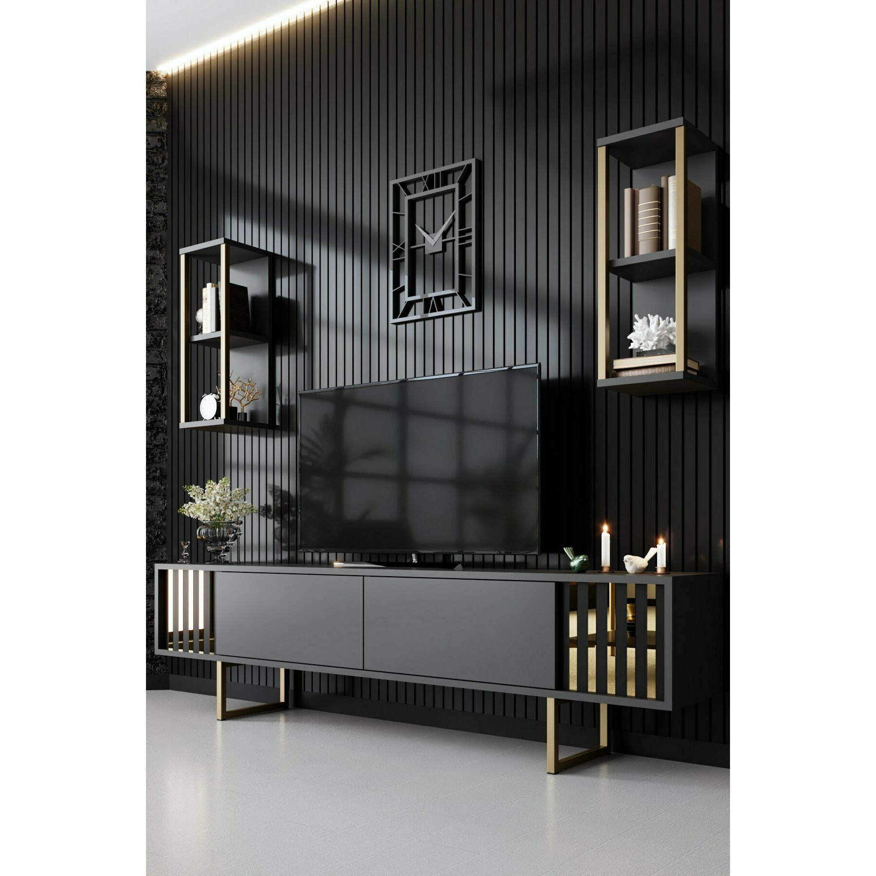 Ansamblu TV Golden Line, 180x30x48 cm - Antracit/Auriu