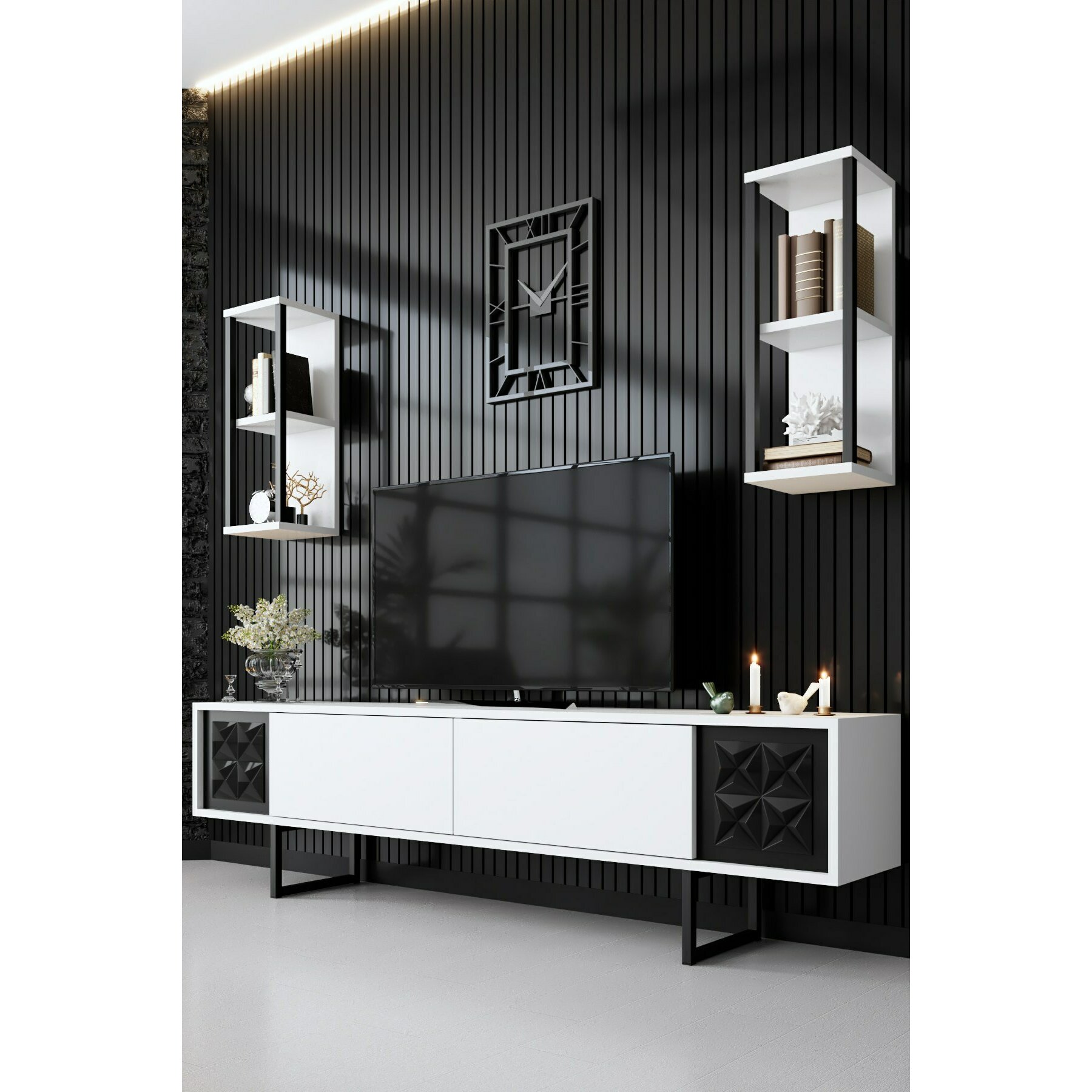 Ansamblu TV Black Line, 180x30x48 cm - Alb/Negru