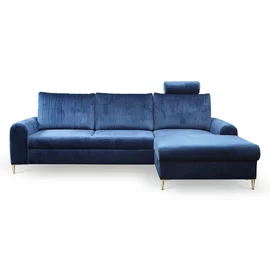 Coltar Extensibil Monaco, Stofa tip Catifea Albastra Velutto 25, Picioare Aurii, 252x168x106,5 H cm