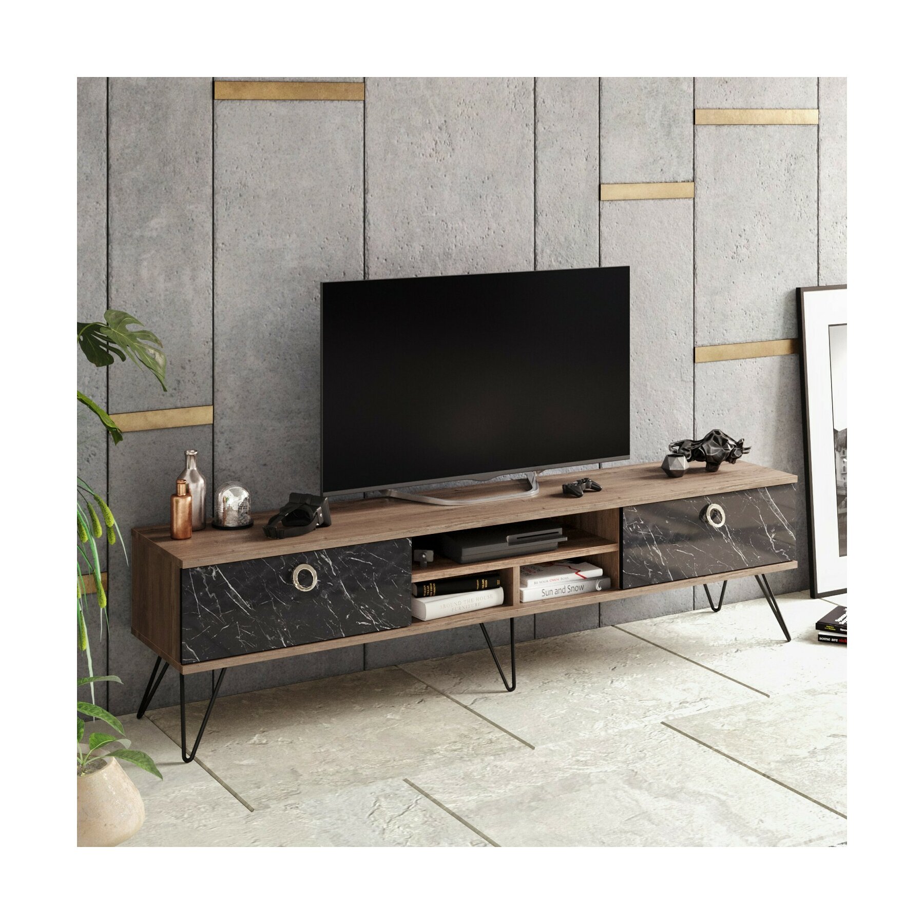 Comoda TV Lorenz, 180x35.2x45.6 cm, Nuc/Negru