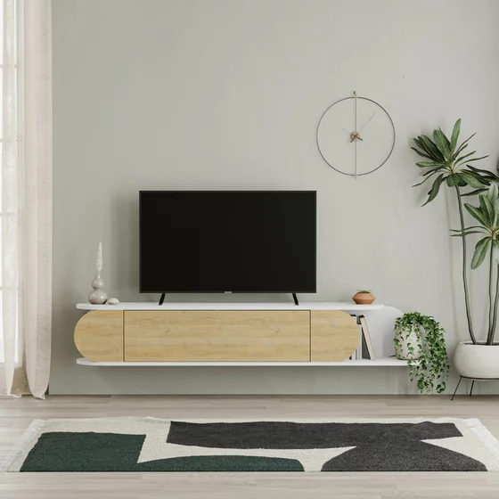 Comoda TV Tone, 180x30x30 cm - Alb/Stejar picture - 1