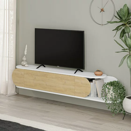 Comoda TV Tone, 180x30x30 cm - Alb/Stejar picture - 2