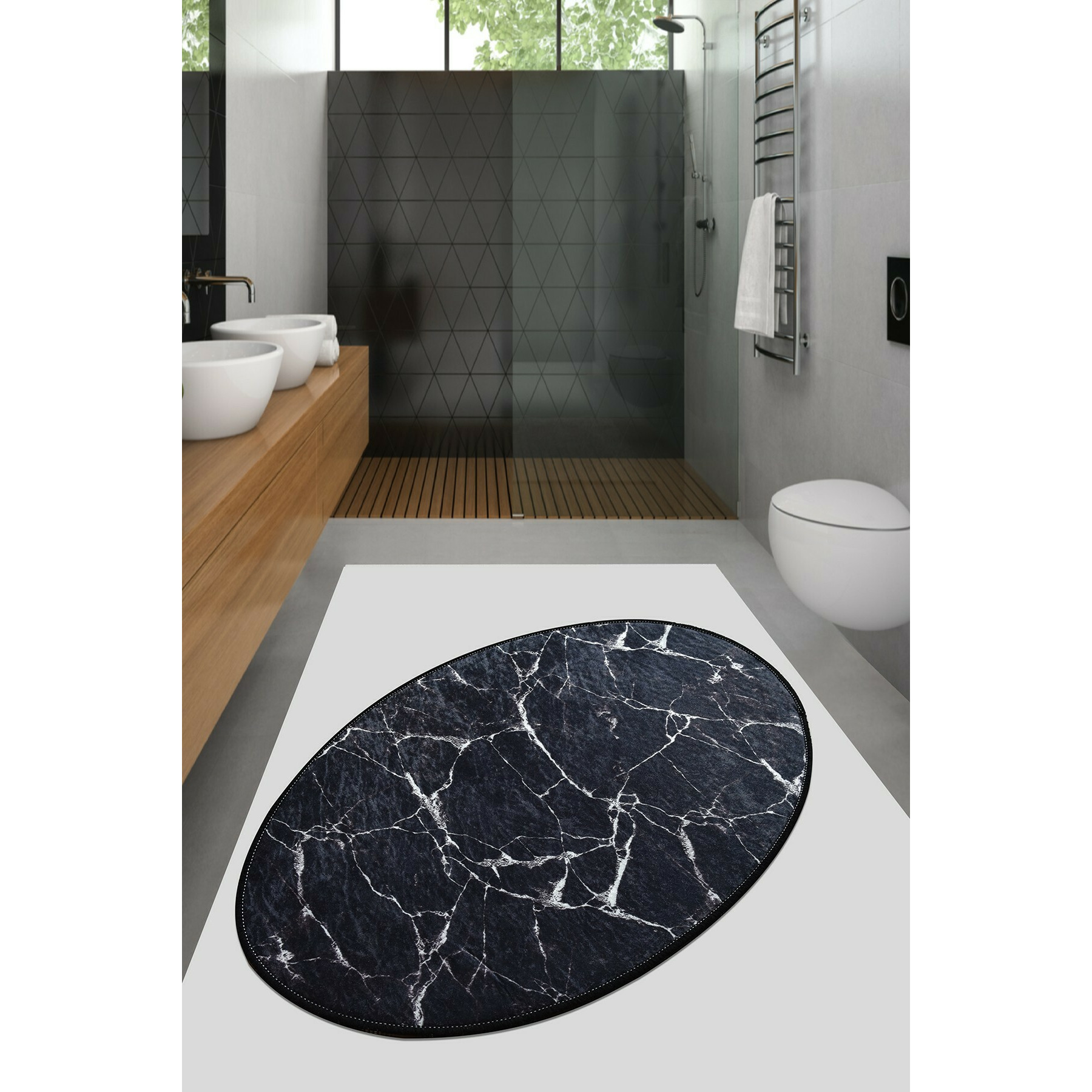 Covor aruba 1294, oval, 60x90 cm, negru, alb