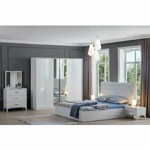 Dormitor Modern Belek Alb - Dulap 2 usi Glisante, Pat 160x200, Comoda cu Oglinda, 2 Noptiere