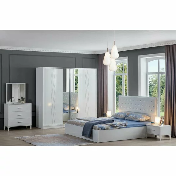 Dormitor Modern Belek Alb - Dulap 2 usi Glisante, Pat 160x200, Comoda cu Oglinda, 2 Noptiere picture - 1