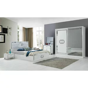 Dormitor Modern Gediz - Alb - Dulap 2 usi Glisante, Pat 160x200, Comoda cu Oglinda, 2 Noptiere