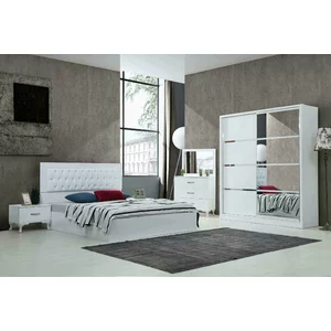 Dormitor Modern Marmaris - Alb - Dulap 2 usi Glisante, Pat 160x200, Comoda cu Oglinda, 2 Noptiere