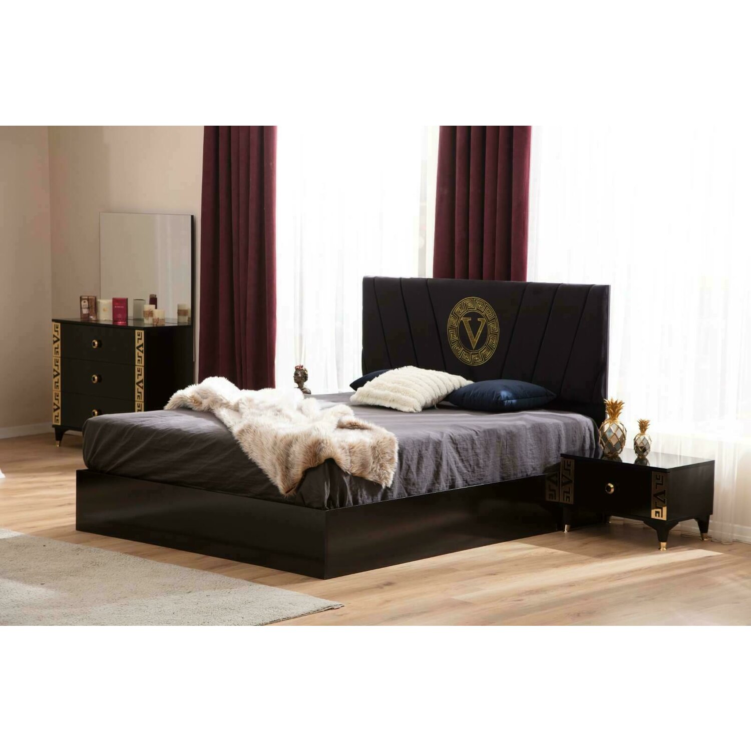 Dormitor Modern Vegas - Negru - Dulap 2 usi Glisante, Pat 160x200, Comoda cu Oglinda, 2 Noptiere