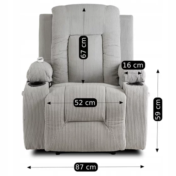 Fotoliu cu Recliner si Masaj, Boston 87x85x101 h cm, Stofa Raiata, Gri picture - 11