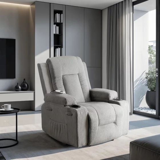 Fotoliu cu Recliner si Masaj, Boston 87x85x101 h cm, Stofa Raiata, Gri picture - 1