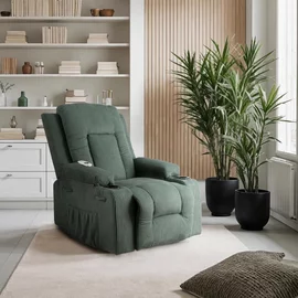 Fotoliu cu Recliner si Masaj, Boston 87x85x101 h cm, Stofa Raiata, Verde
