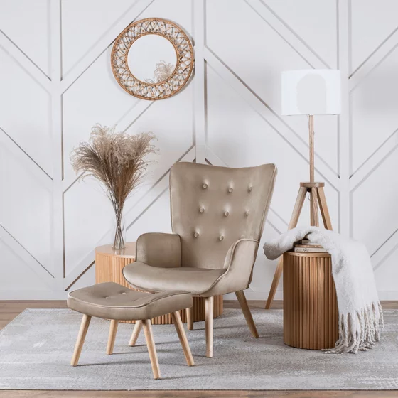 Fotoliu Cu Taburet Largo, 68.5x73.5x96 cm, Stofa tip Catifea, Beige picture - 1