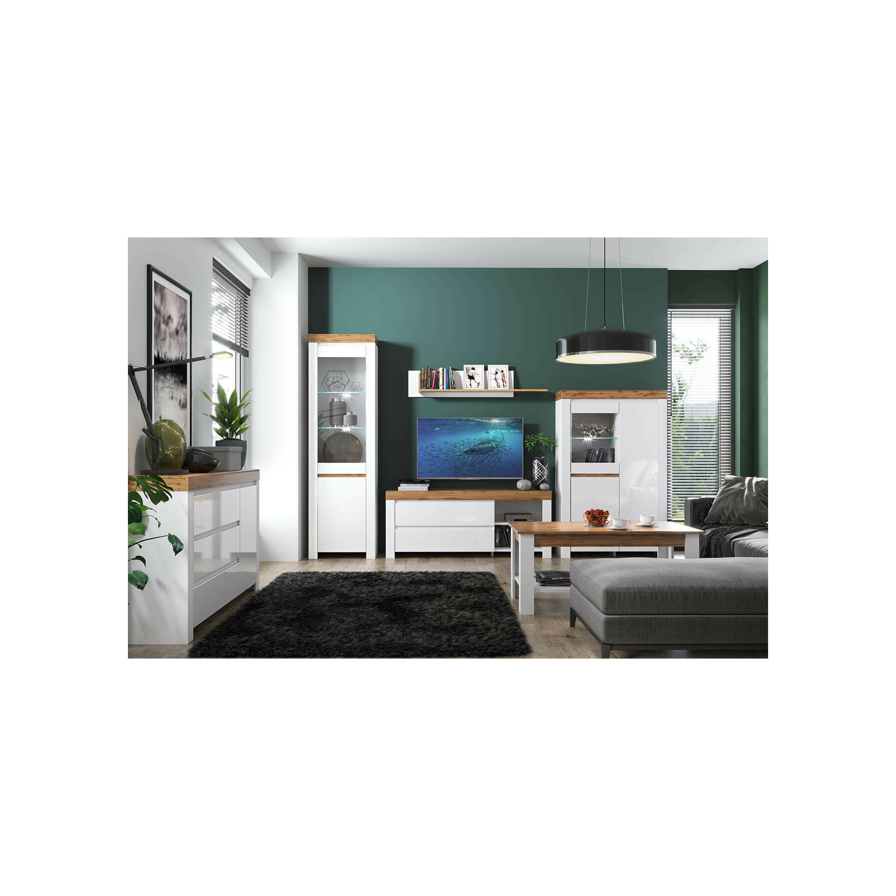 Living holten 306x35.7x203.4 cm, alb/alb lucios/stejar wotan