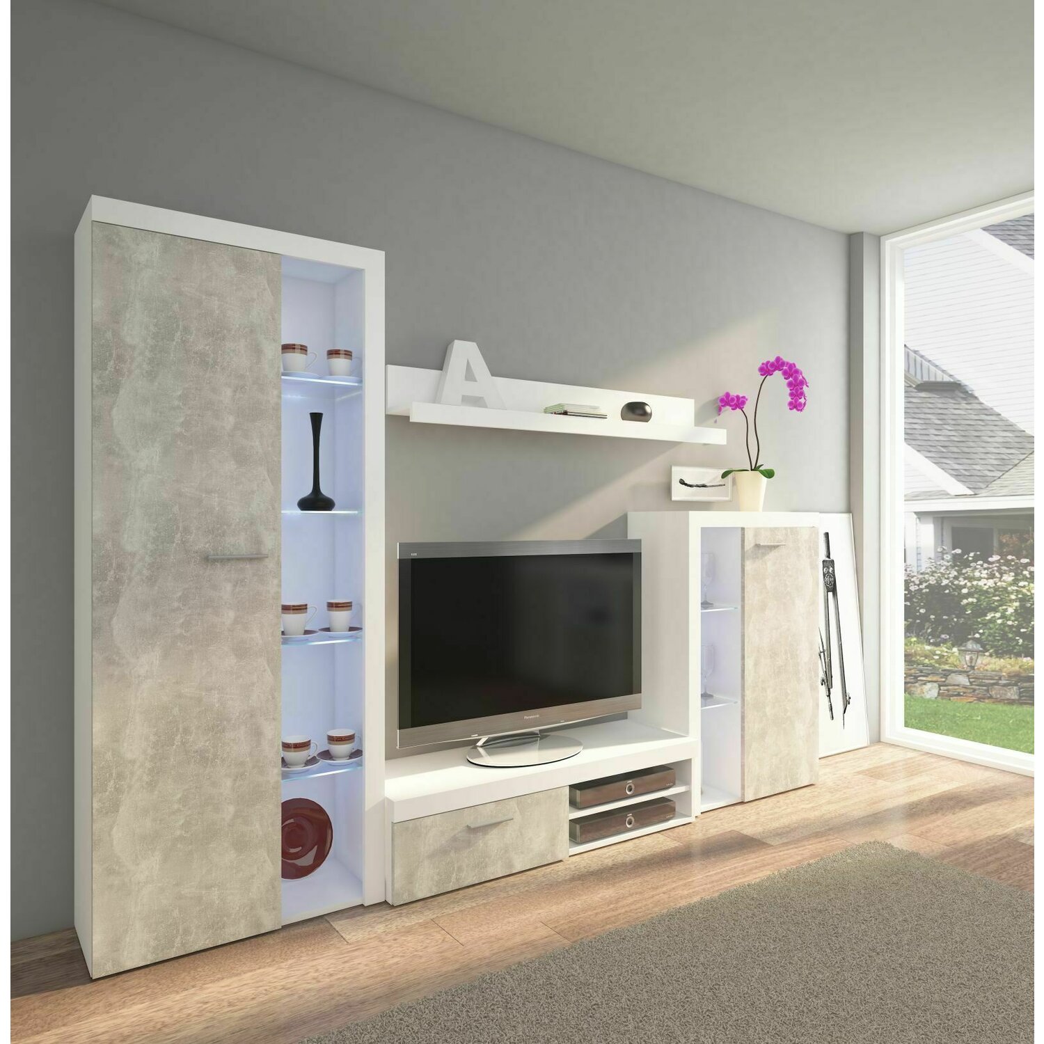 Living rumba alb cu gri beton