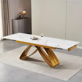 Masa Extensibila Lublin 2, 160-240-x90x77 cm, Metal/Ceramica, Auriu/Alb Marmura