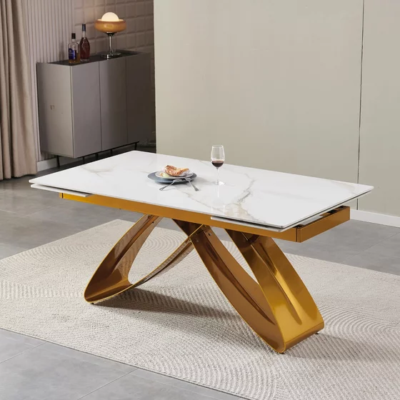 Masa Extensibila Lublin 2, 160-240-x90x77 cm, Metal/Ceramica, Auriu/Alb Marmura picture - 6