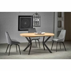 Masa Rotunda Peroni, 100-250x100x75 h cm, Metal/MDF Laminat - Negru/Stejar Auriu