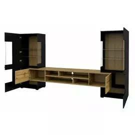 Mobila Living Coby, 270x45x143 cm, Negru Onyks/Stejar Wotan