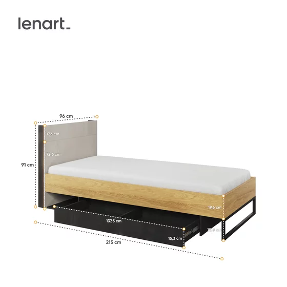 Pat Cu Sertar TEEN FLEX TF16 90x200, 96x215x91 h cm,  Silk Flou/Stejar Hikory picture - 4