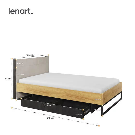 Pat Cu Sertar TEEN FLEX TF17 120x200, 126x215x91 h cm,  Silk Flou/Stejar Hikory picture - 3