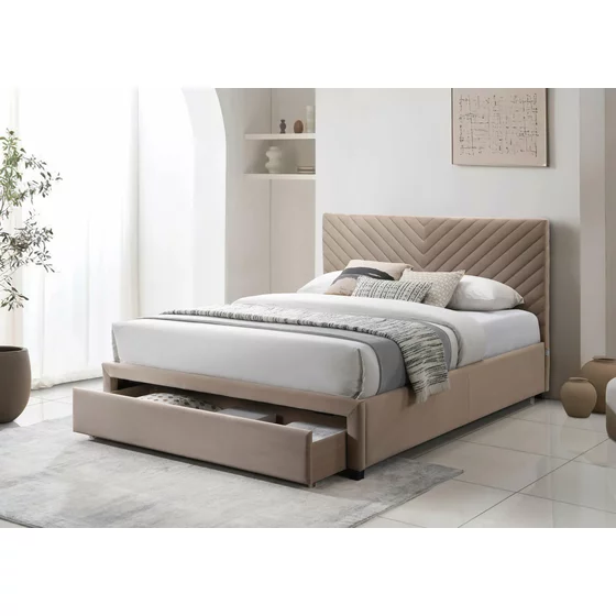 Pat tapitat Cu Sertar Milan, 140x200 cm, Catifea, Beige Inchis picture - 1