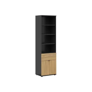Raft cu Usa si Sertar Luen, 57x39.5x196 h cm, Pal Melaminat, Negru/Stejar Mauvella/Stejar Tegola