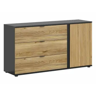 Comoda Luen 3 Sertare + Usa, 143.5x39.5x76.5 h cm, Pal Melaminat, Negru/Stejar Mauvella/Stejar Tegola