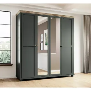 Dulap Evora, 4 usi, Oglinda, 200x62x216 cm Verde/Stejar Lefkas