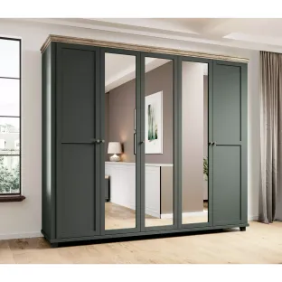 Dulap Evora, 5 usi, Oglinda, 246x62x216 cm Verde/Stejar Lefkas