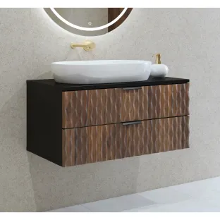 Dulap pentru lavoar Enzo, 81x48x40 h cm, MDF, Negru Onyx/Nuc Catania