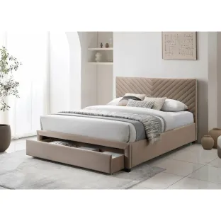 Pat tapitat Cu Sertar Milan, 140x200 cm, Catifea, Beige Inchis
