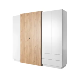 Set Dormitor King 3D, Dulap 5 Usi, Pat cu Noptiere si Somiera Rabatabila, Comoda cu 2 Usi si 4 Sertare, Alb/Stejar Craft