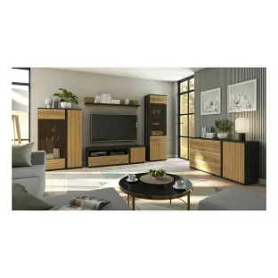 Set Living Luen 4 Piese, 307x39.5x196 h cm Pal Melaminat, Negru/Stejar Mauvella/Stejar Tegola