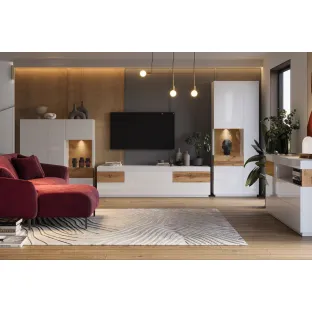 Set Living Silke 3 Piese, Alb Lucios/Stejar Wotan