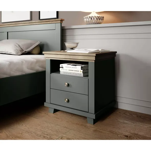 Noptiera Evora 2 Sertare, 52x42x54 cm Verde/Stejar Lefkas picture - 2