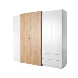 Set Dormitor King 3D, Dulap 5 Usi, Pat cu Noptiere si Somiera Rabatabila, Comoda cu 2 Usi si 4 Sertare, Alb/Stejar Craft