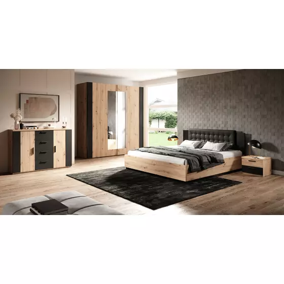 Set Dormitor Sigma, Dulap Usi Culisante 200x64x213 cm, Pat, Noptiere, Comoda, Stejar Artisan/Negru Mat picture - 1